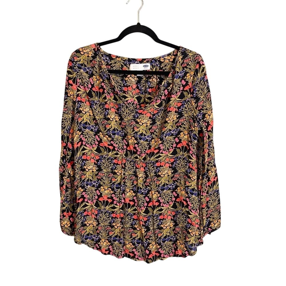 Old Navy Womens Maternity Floral‎ Print V-Neck Long Sleeve Blouse Black Large